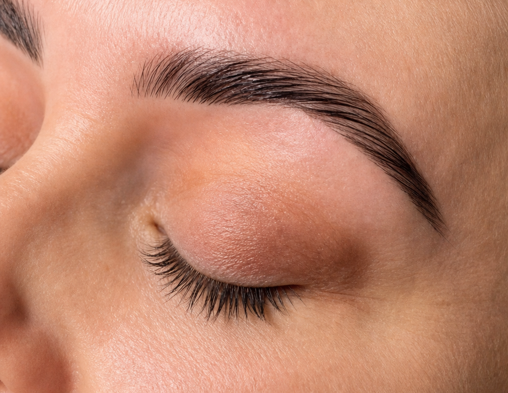 Close-up of shaped brows and lashes after a beauty treatment