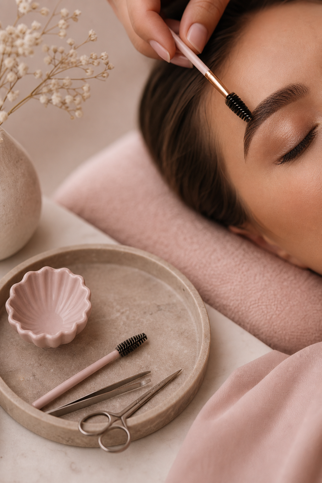 Luxury brow treatment setup with refined tools and blush linens