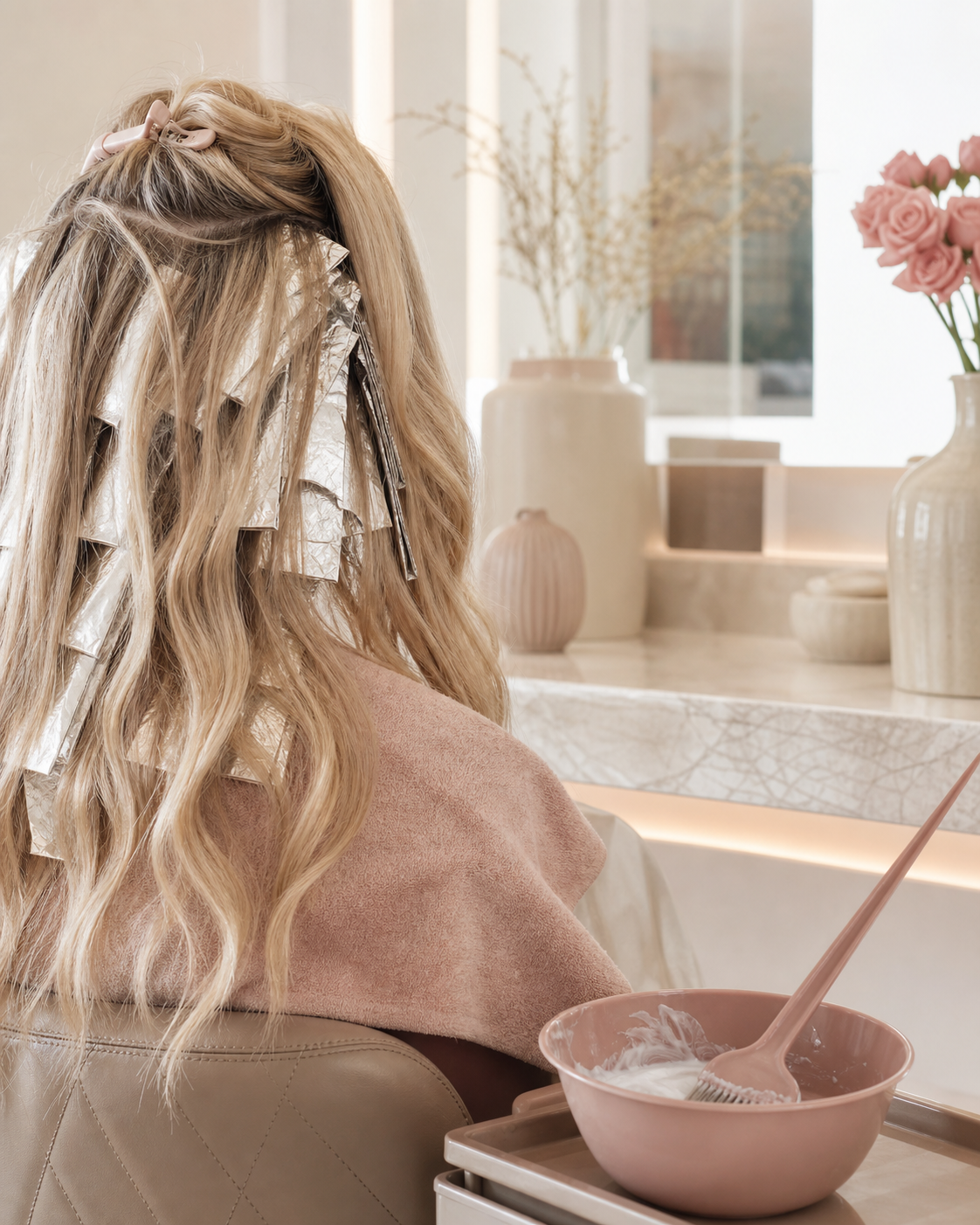 Soft hair colour service in a blush and taupe salon setting