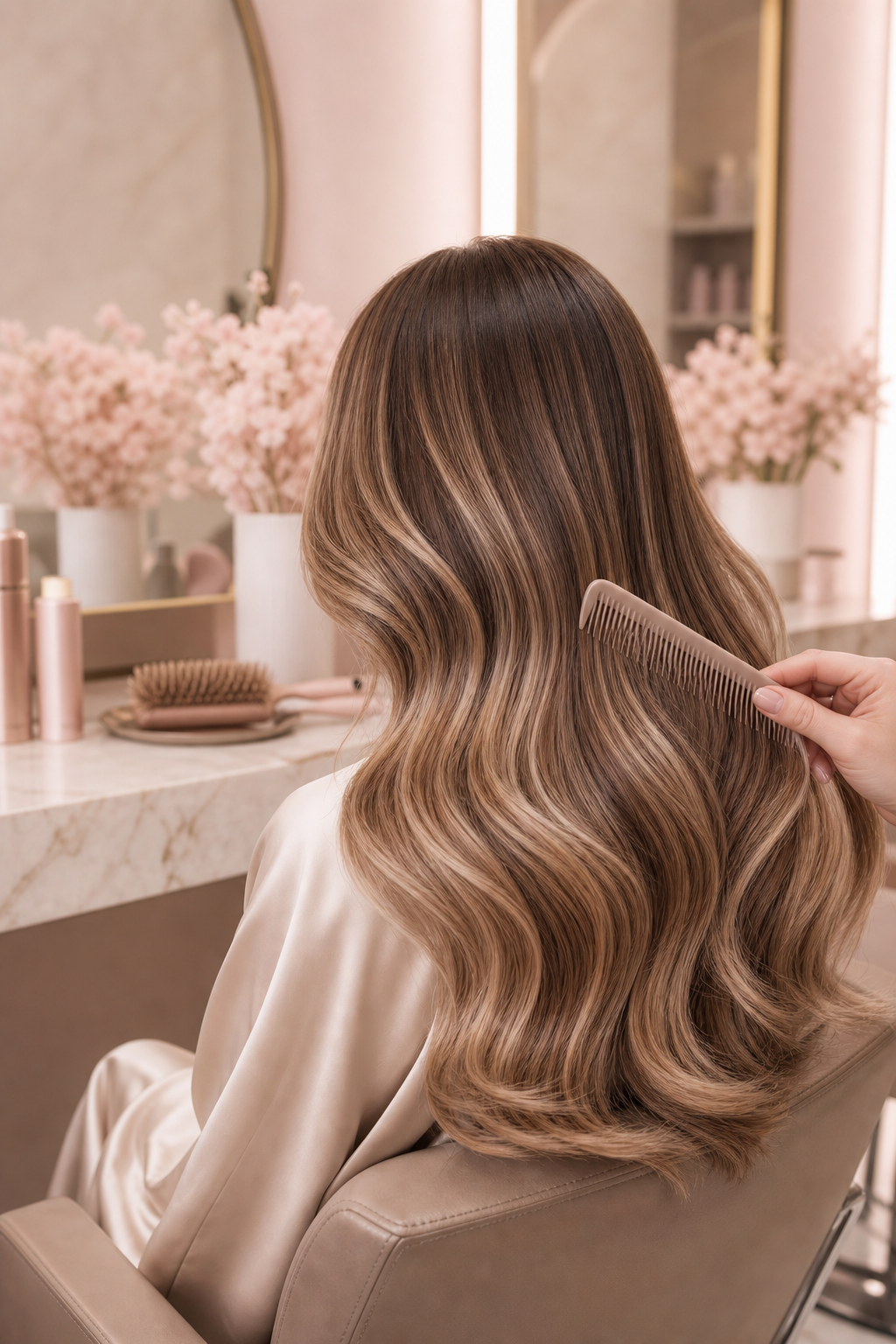 Luxury hair styling service in a blush and taupe salon setting